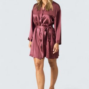 Sidenmorgonrock Kort Satin Dam – Burgundy