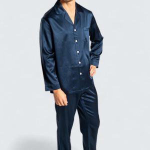 Sidenpyjamas Satin Herr – Marinblå