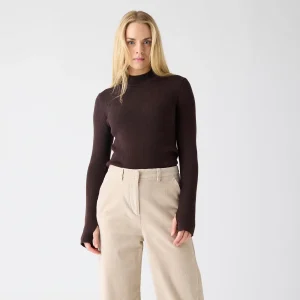 Merino Wool Rib Knit Mock Neck Chocolate Torte
